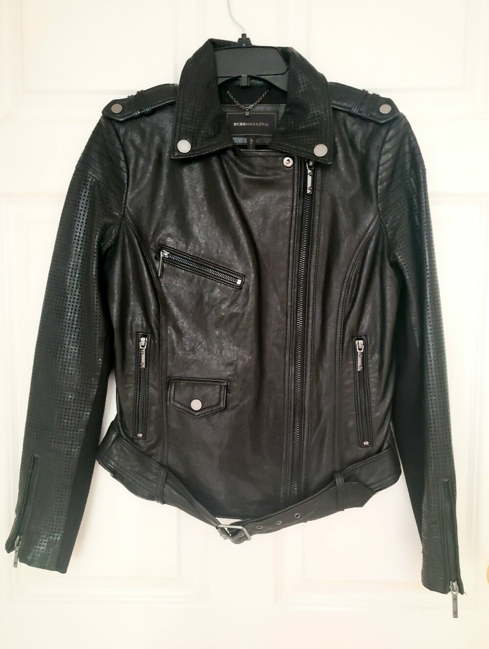 BCBGMaxAzria Black Perforated Leather Moto Biker Jacket - Size M.
